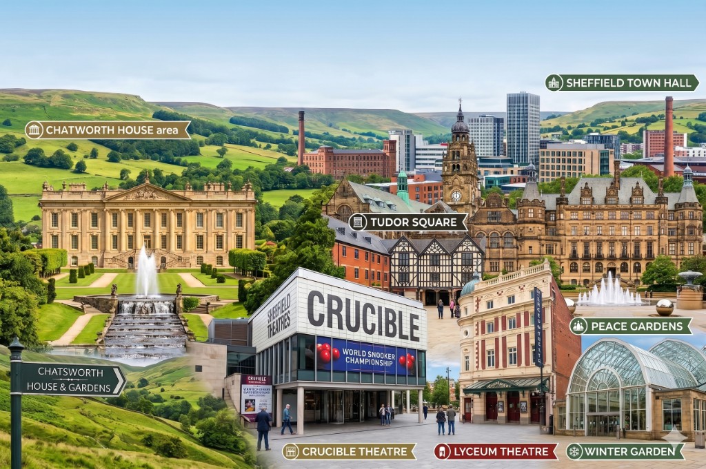 Landmarks across Sheffield and South Yorkshire including the Crucible, Town Hall, and Peak District countryside