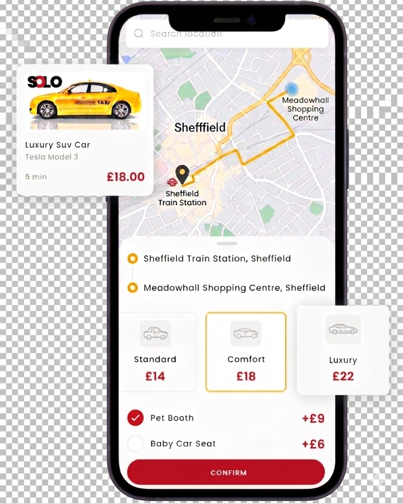 Solo Taxis app showing vehicle options Standard, Comfort and Luxury on a Sheffield map